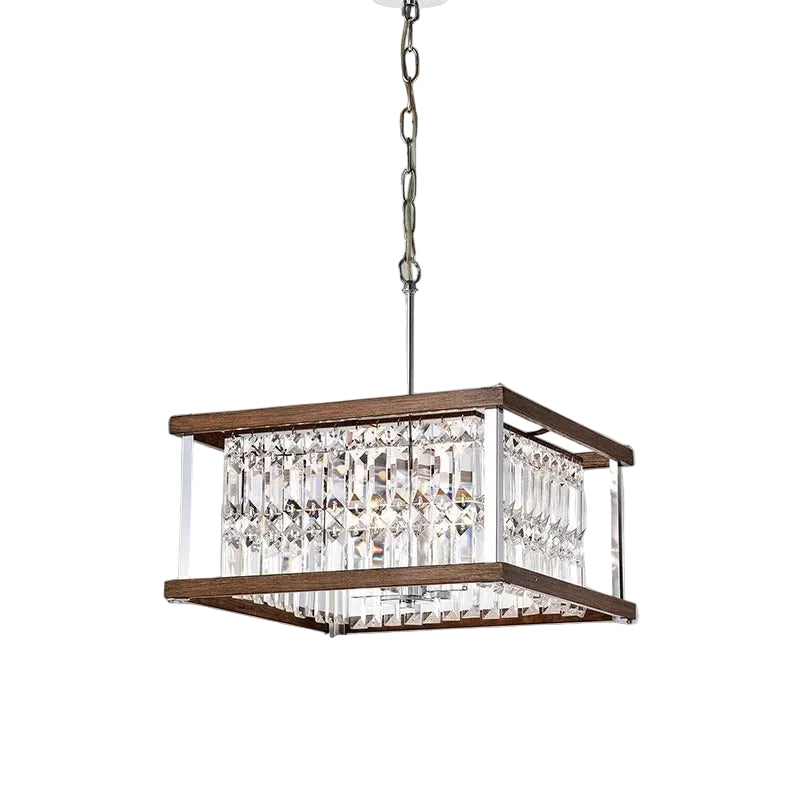 Rektangulær pendellampe med glasdetaljer og træramme