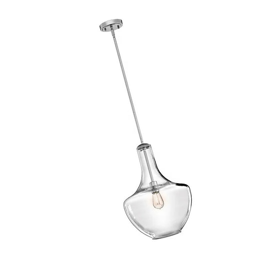 Sølv pendellampe med asymmetrisk glasform og synlig pære