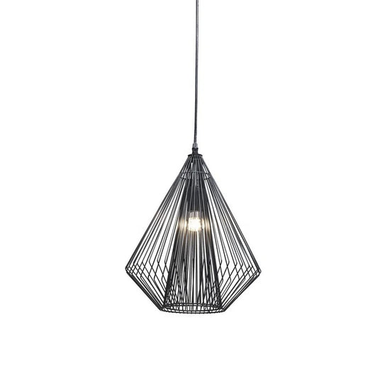 Sort pendellampe med konisk trådskærm og åben struktur